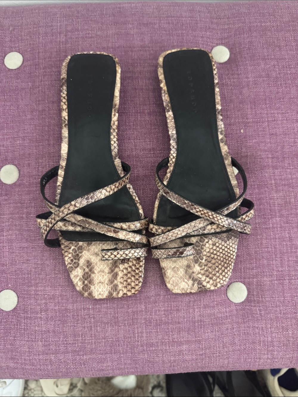 Topshop Snake-Print Strappy Slide Mules in Brown
